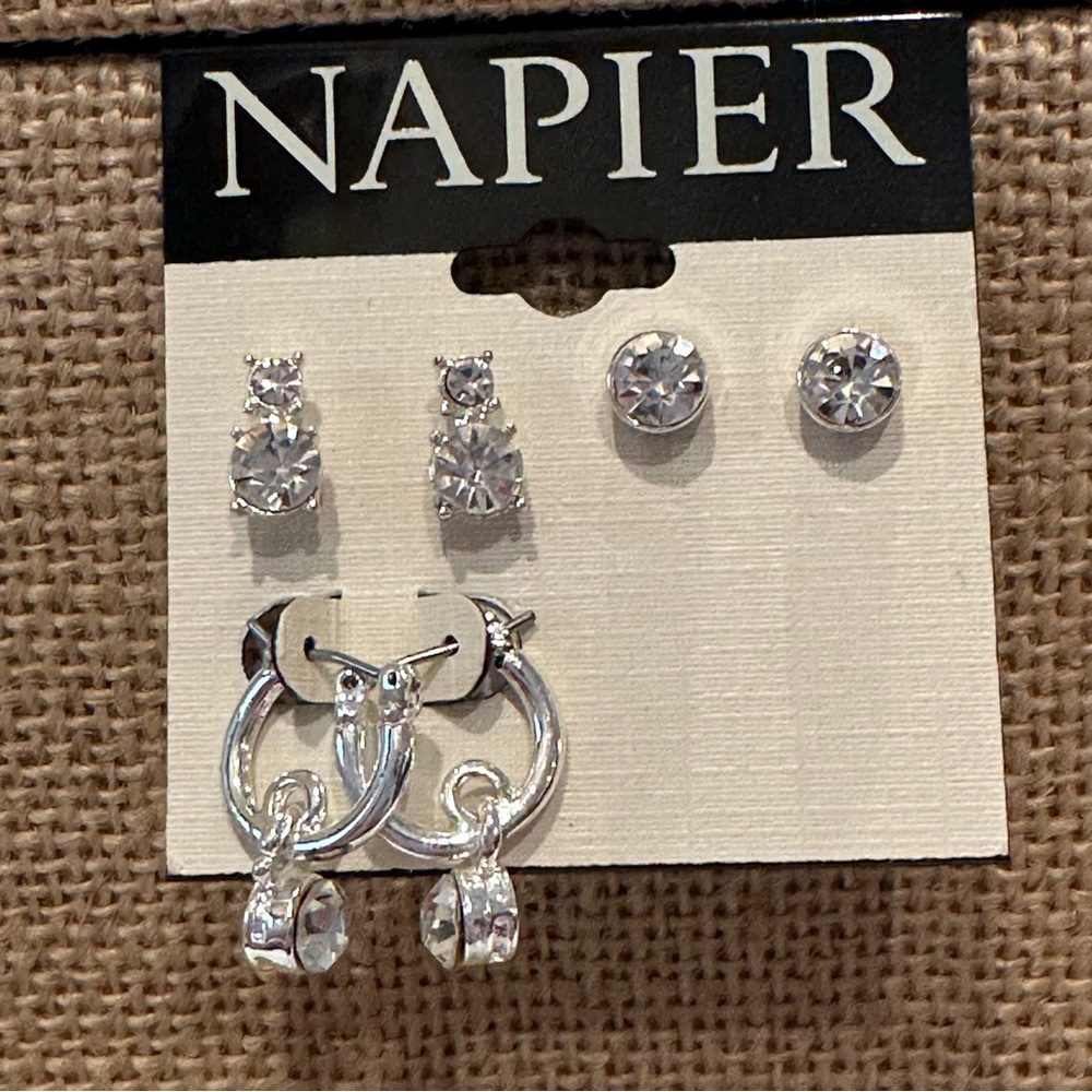 NWT Napier Earrings- set of 3 pairs- silver tone, clear rhinestones, huggie hoop